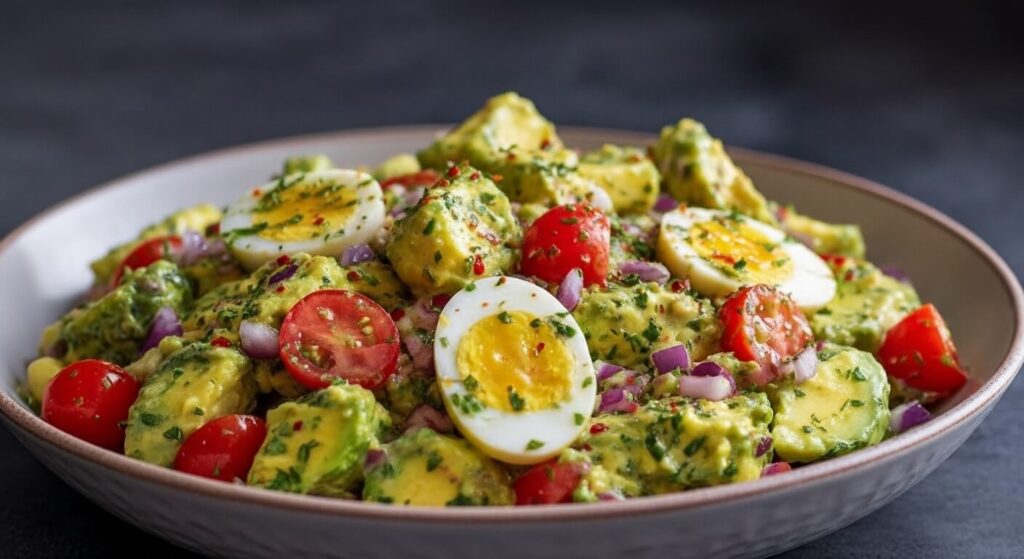 Healthy avocado egg salad recipe with cherry tomatoes and fresh herbs in a  bowl.