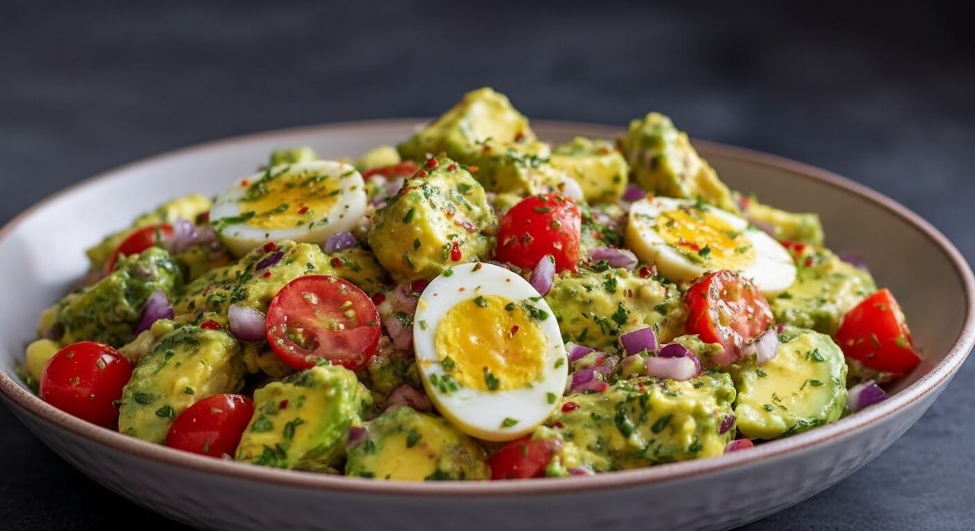 Healthy avocado egg salad recipe with cherry tomatoes and fresh herbs in a bowl.