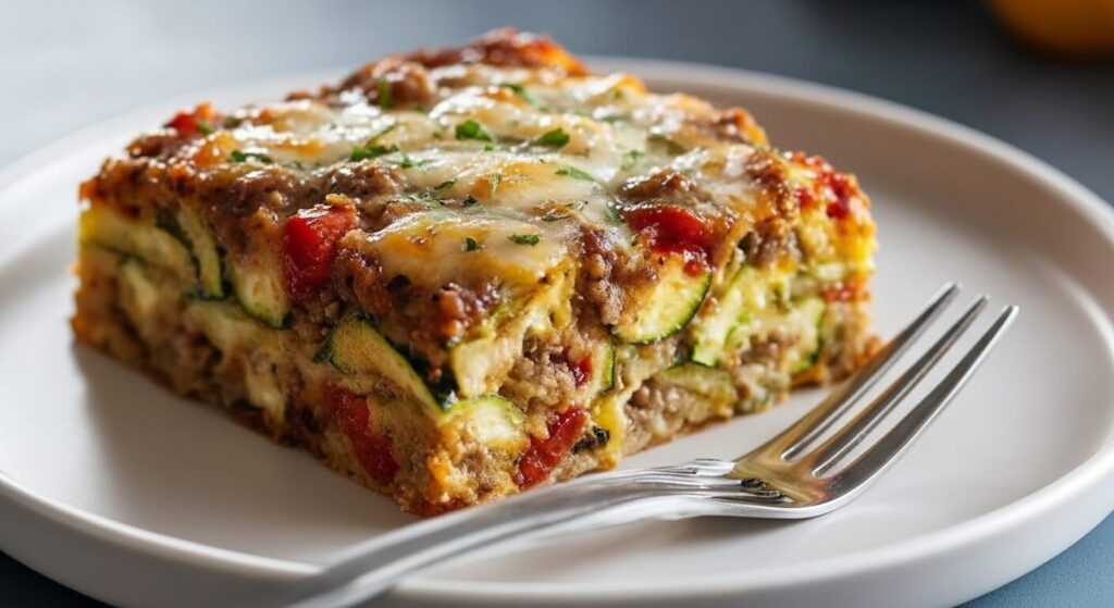 Overhead shot of a cheesy zucchini pizza casserole recipe with pepperoni and fresh basil.