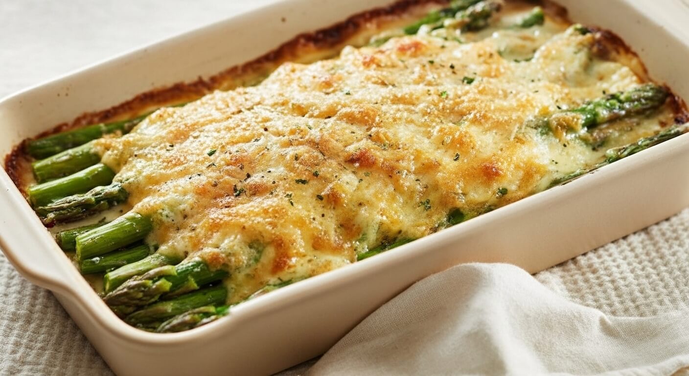 Cheesy baked asparagus in a white dish