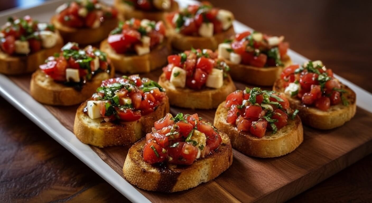 Fresh mozzarella bruschetta with tomato and basil on a wooden serving board.