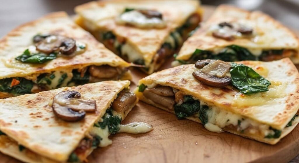 Crispy baked spinach mushroom quesadillas sliced on a wooden serving board with Mediterranean garnish.