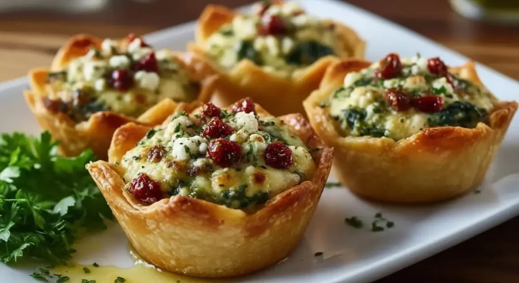 Top-down view of Mediterranean stuffed phyllo cups garnished with dill on a white platter.