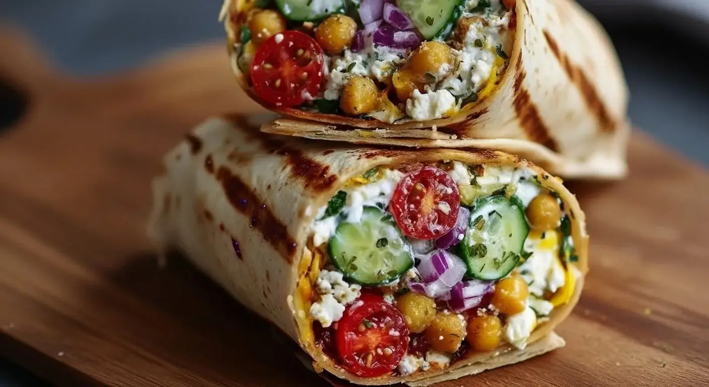 Mediterranean Chickpea Veggie Wrap recipe halved on a wooden board.