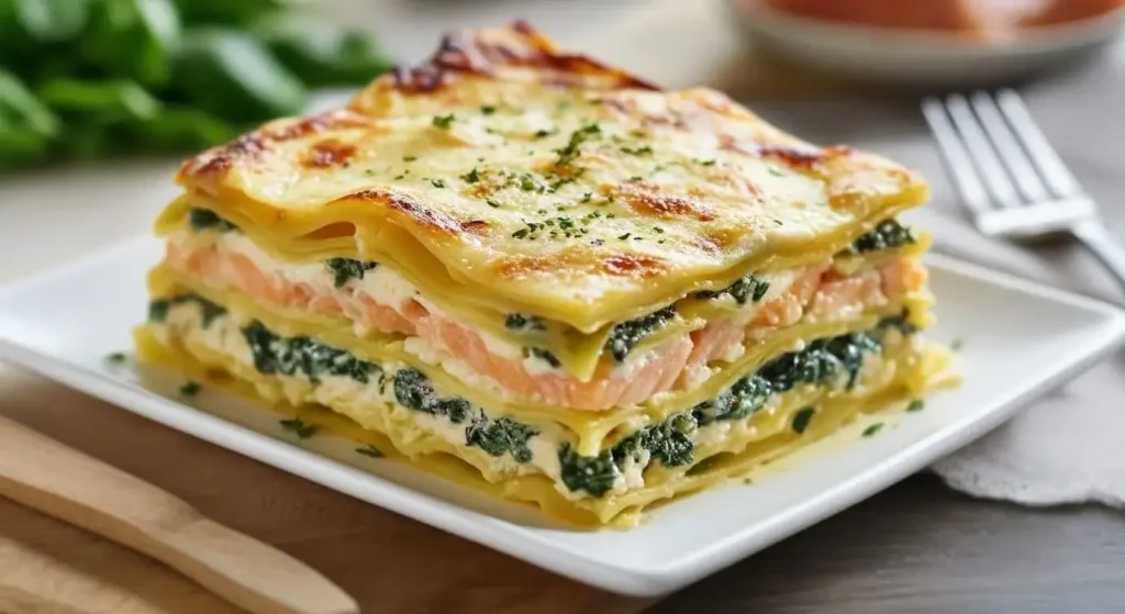 Creamy Salmon & Spinach Lasagna in a white dish