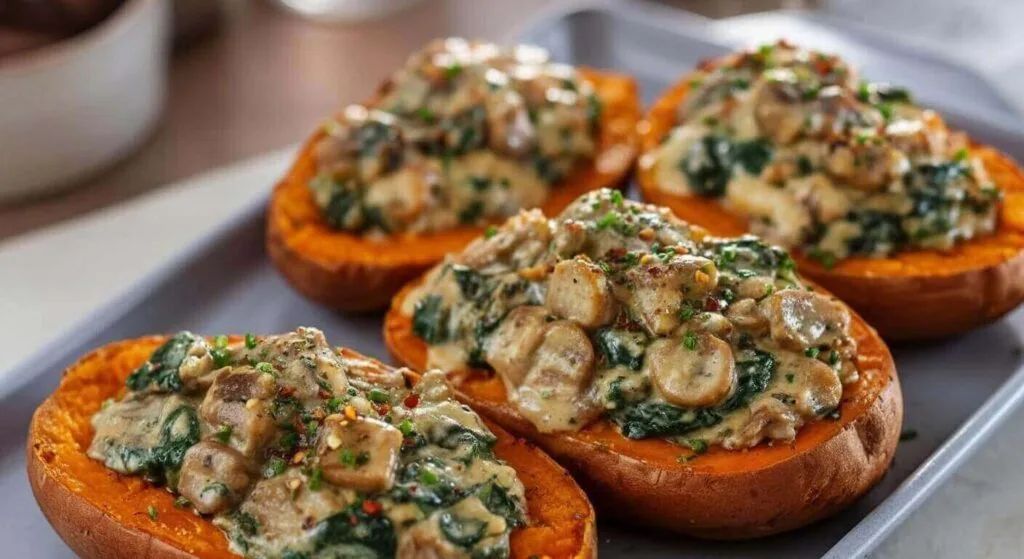 Creamy Mushroom and Spinach Stuffed Sweet Potatoes