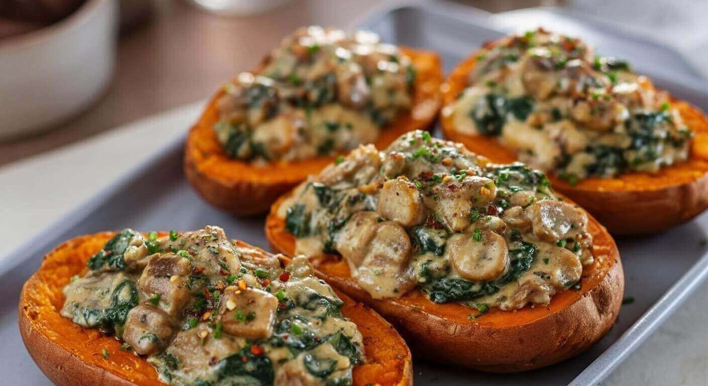 Creamy Mushroom and Spinach Stuffed Sweet Potatoes