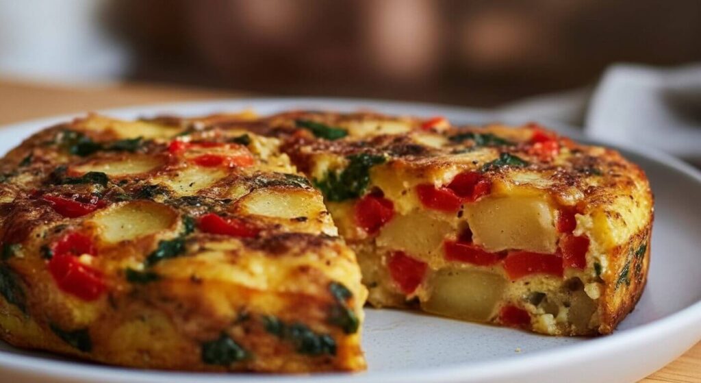 Overhead shot of an oven baked Mediterranean vegetable frittata