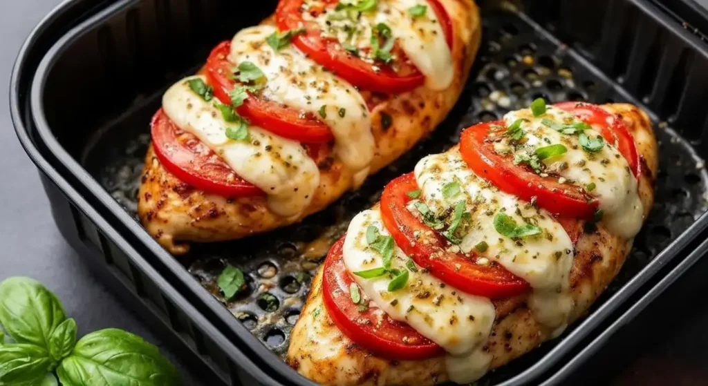 Raw hasselback chicken breast stuffed with fresh mozzarella, tomato slices, and basil leaves on a wooden cutting board.