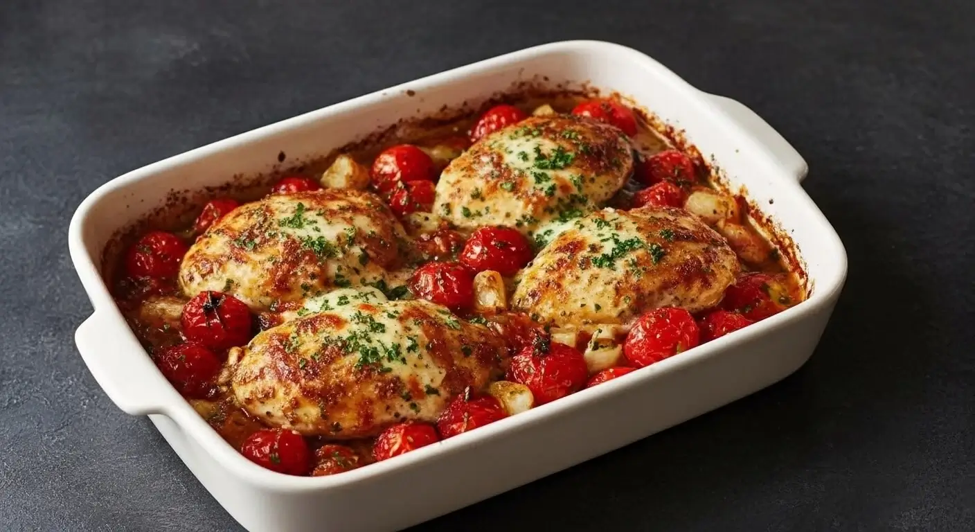 baked chicken caprese in a white tray.
