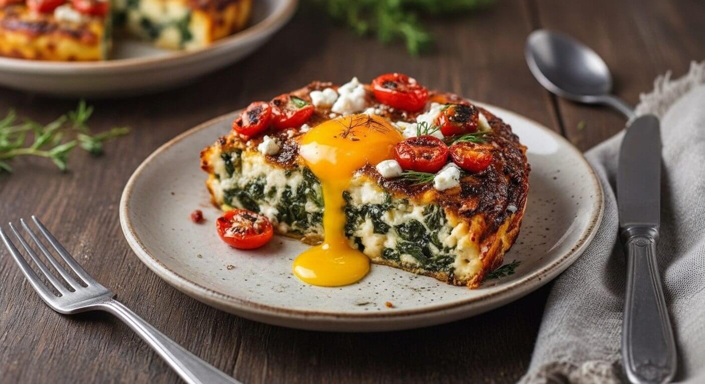 Greek Spinach and Feta Frittata in a plate.