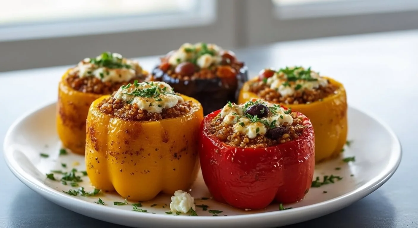 Mediterranean-style stuffed bell pepper on a plate.