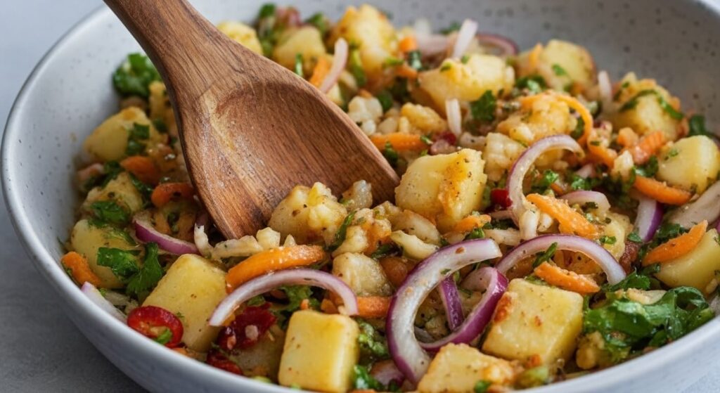 Vibrant Turkish potato salad with fresh parsley, red onion, and olive oil dressing on a rustic table.