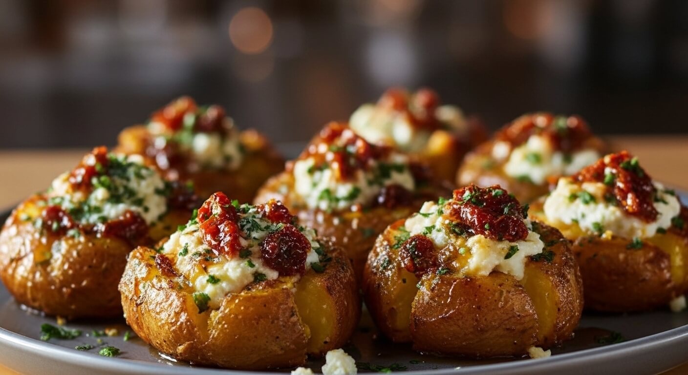 Crispy hot honey smashed potatoes topped with sun-dried tomatoes and feta cheese on a Mediterranean serving platter.