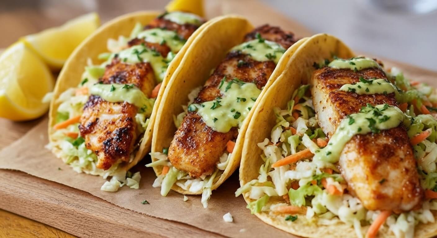 High protein sheet pan fish tacos with avocado crema and Mediterranean toppings.