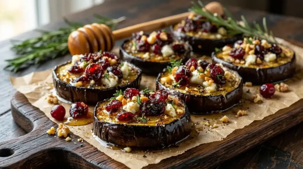 A finished platter of Mediterranean roasted eggplant rounds with honey, nuts, and cranberries.