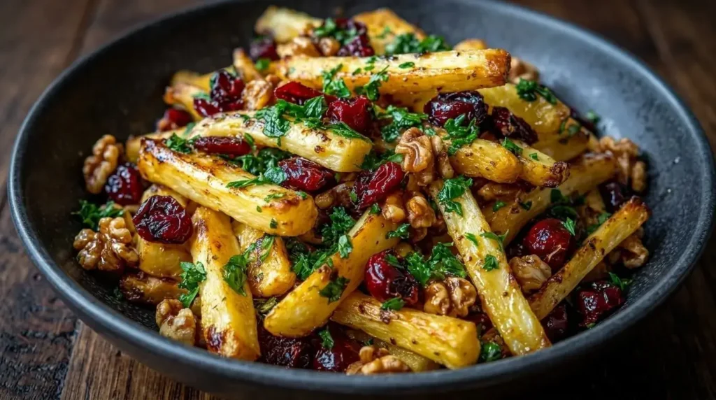 A close-up shot of caramelized honey roasted parsnips garnished with cranberries, walnuts, and fresh parsley in a black bowl.