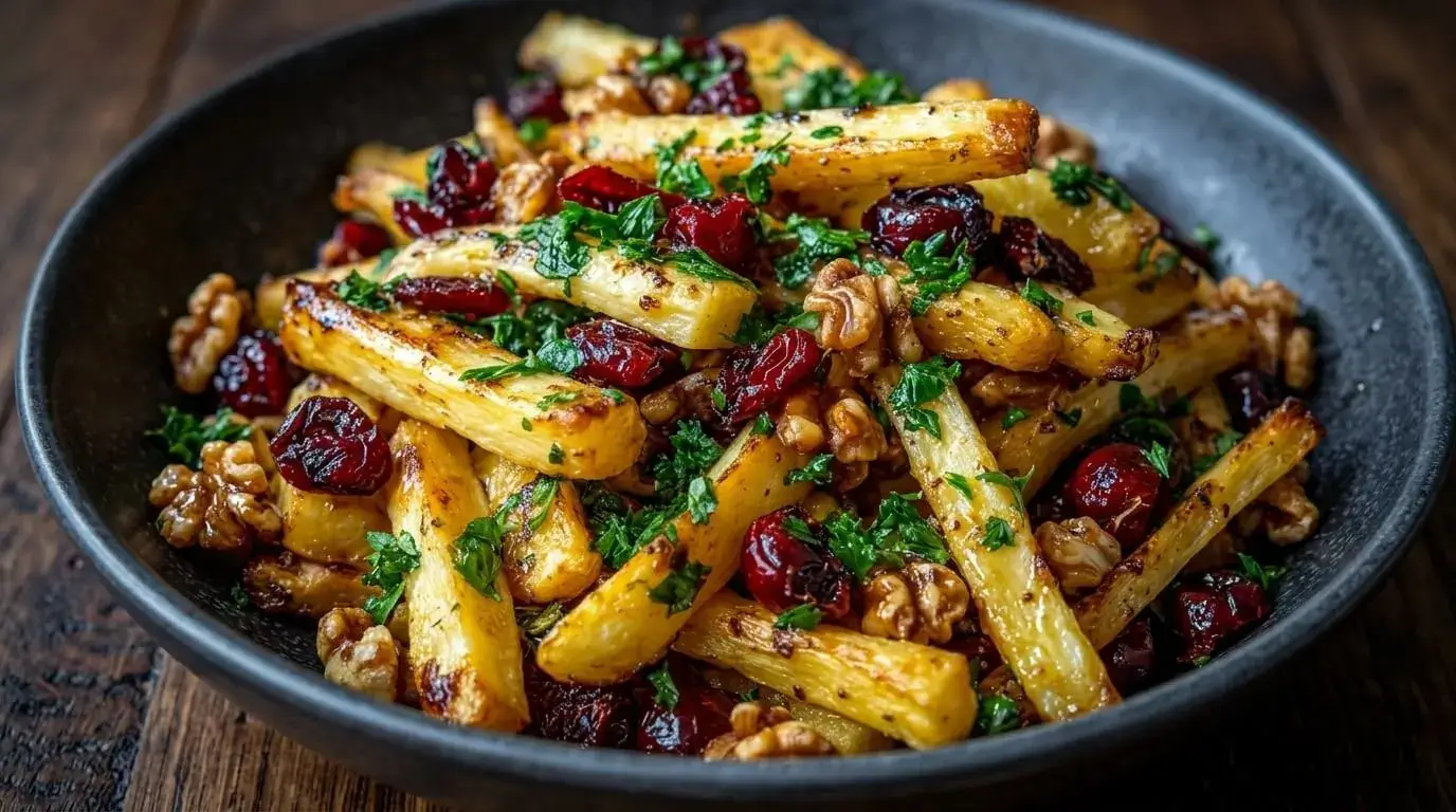 A close-up shot of caramelized honey roasted parsnips garnished with cranberries, walnuts, and fresh parsley in a black bowl.