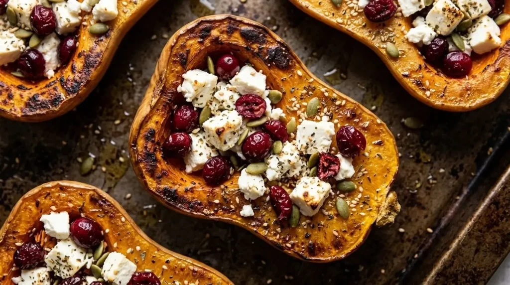 Roasted butternut squash with feta and cranberries on a baking sheet.