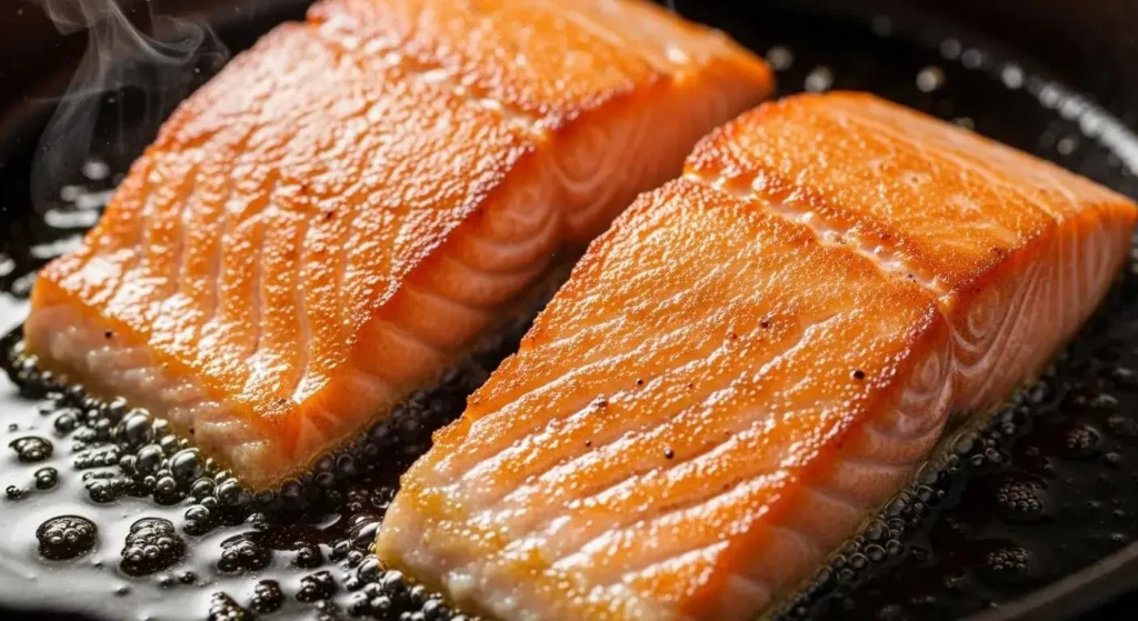 Searing salmon fillets in a pan for a crispy exterior.