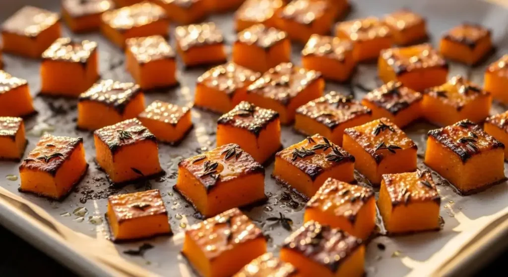 Perfectly caramelized roasted butternut squash cubes with fresh thyme on a baking sheet, illuminated by warm golden hour light.