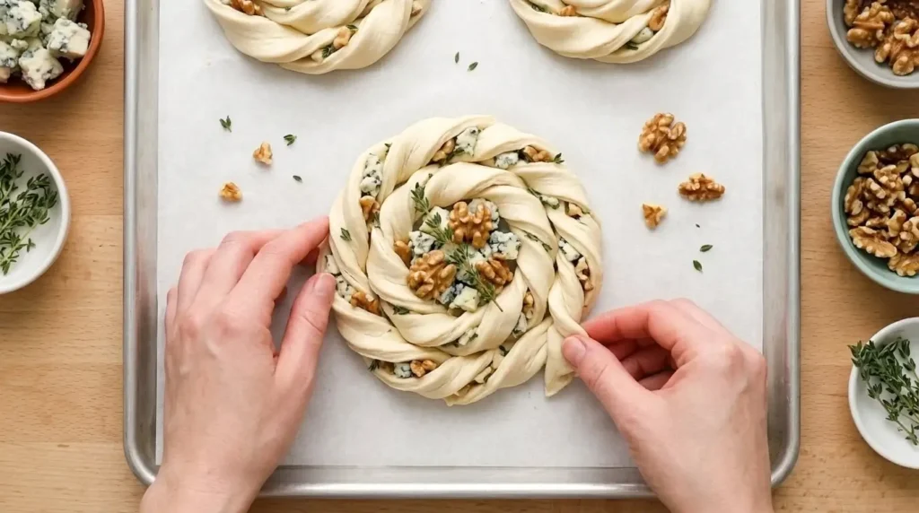Hand shaping a twisted puff pastry strand into a round snail-like spiral coil.