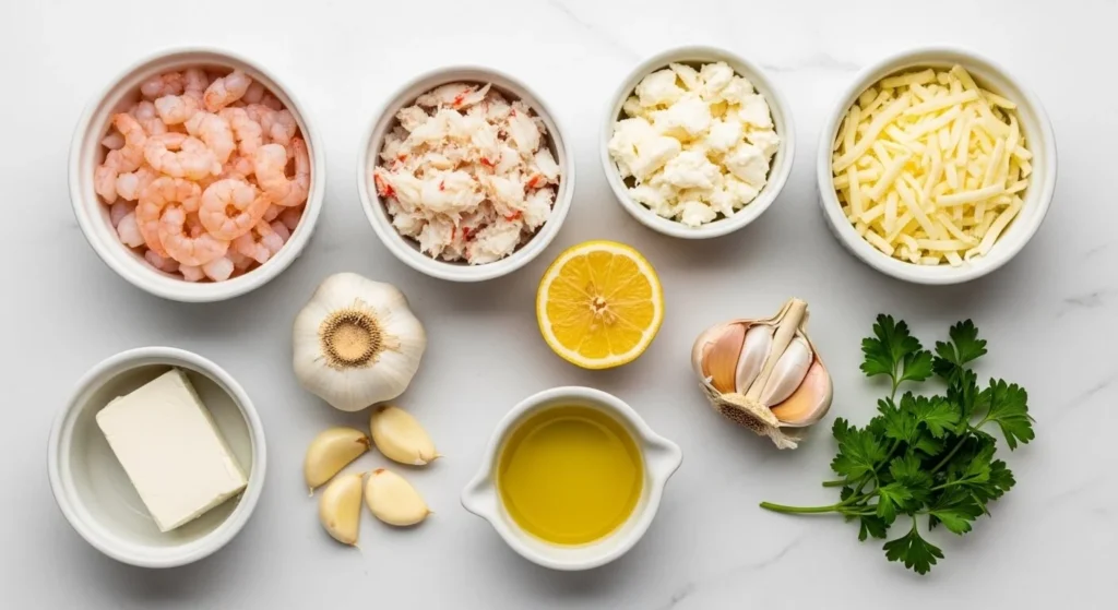 An organized overhead ingredient display for making seafood stuffed garlic bread bombs.