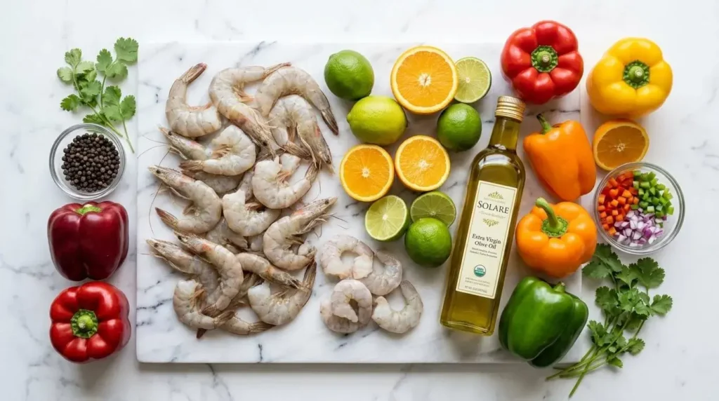 Healthy shrimp ceviche meal prep ingredients on a kitchen counter.