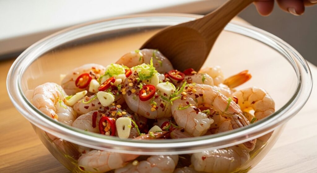 Mixing raw shrimp with chili flakes, lime juice, and garlic in a glass bowl.