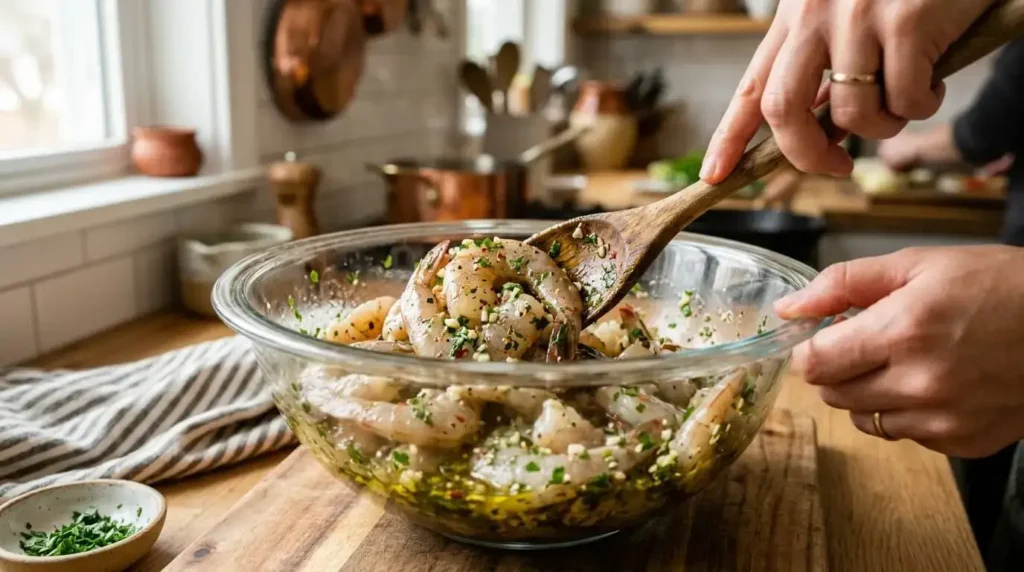 Close-up of raw shrimp marinating in olive oil, garlic, and herbs in a clear glass bowl.