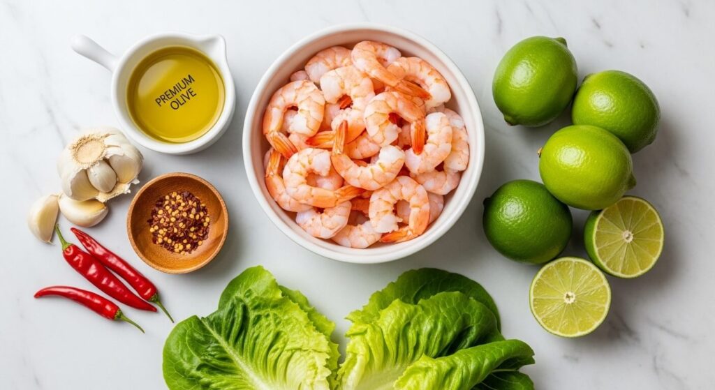 Raw ingredients for sheet pan chili lime shrimp lettuce wraps on a marble counter.