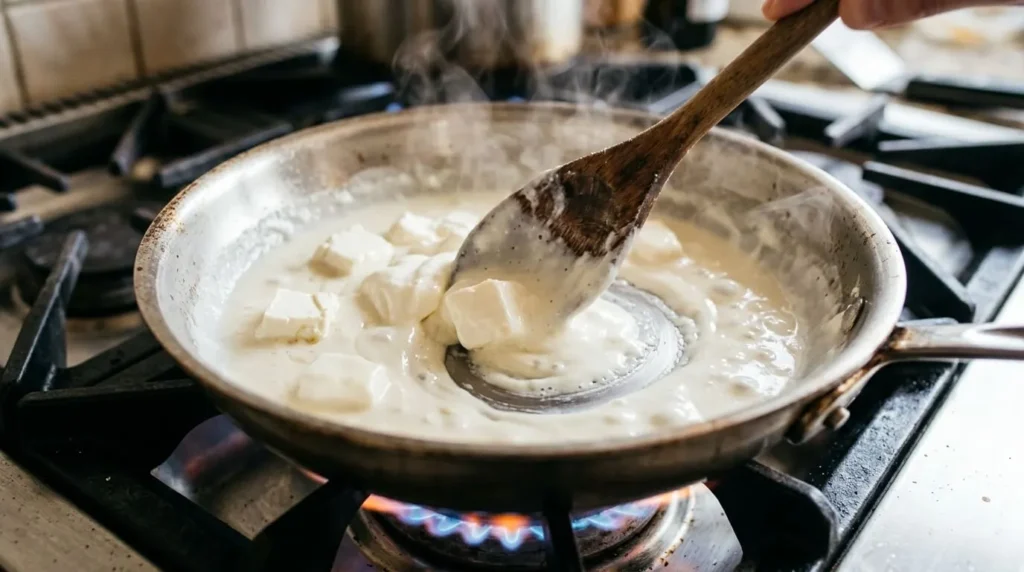 Cream cheese and sour cream melting together in a silver skillet on the stovetop.