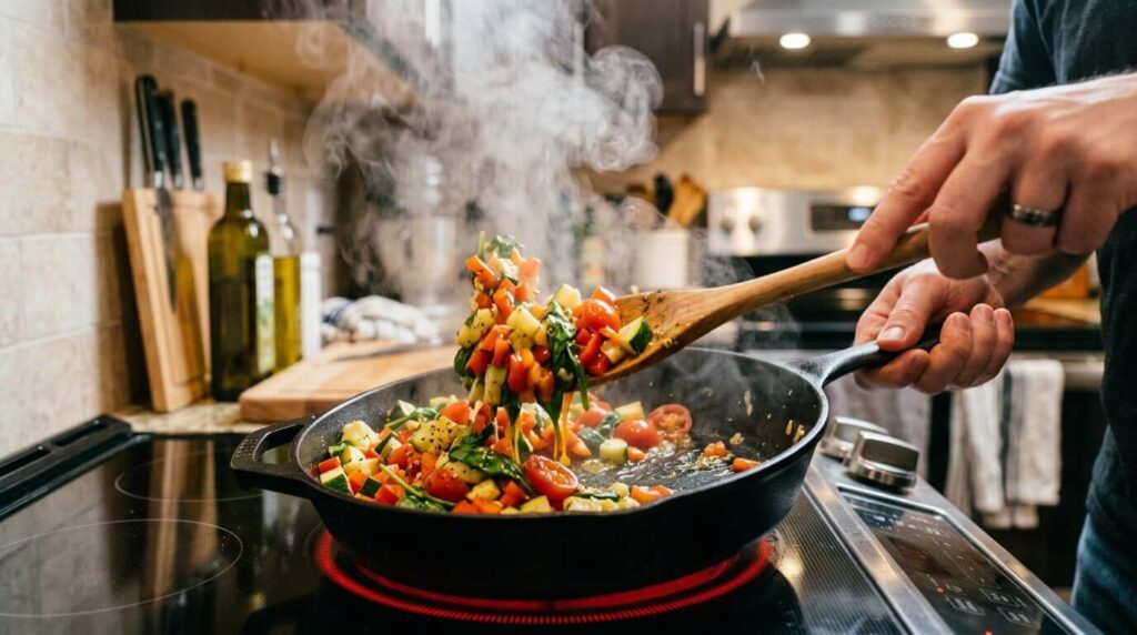 Sautéing a colorful mix of zucchini, peppers, and spinach in a skillet for a savory mini vegetable appetizers filling.