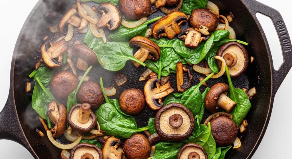 Sautéing mushrooms and baby spinach in a pan for quesadilla filling.