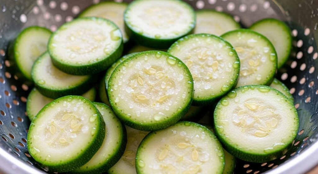 Sliced zucchini rounds being salted in a colander to remove moisture for a casserole.