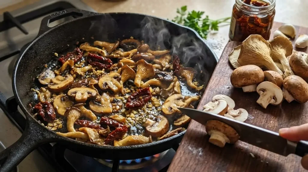 Slicing and sautéing mixed cremini and oyster mushrooms with sun-dried tomatoes in a hot skillet for garlic mushroom crostini.