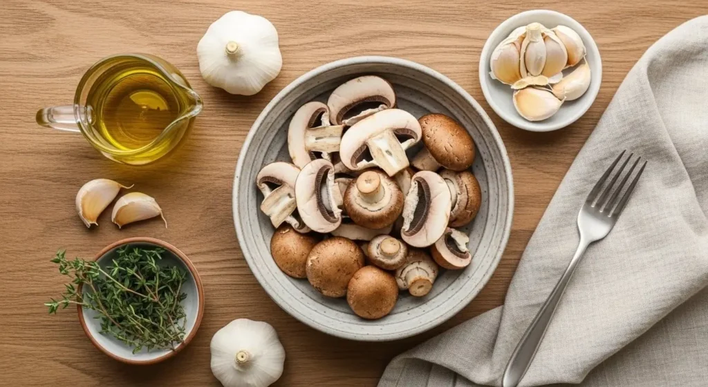 Ingredients for marry me mushroom soup including sliced cremini mushrooms, garlic, olive oil, and fresh herbs arranged on a wooden board.