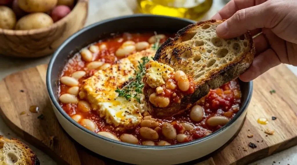 Scooping Baked Feta and giant beans with a slice of toasted sourdough bread.