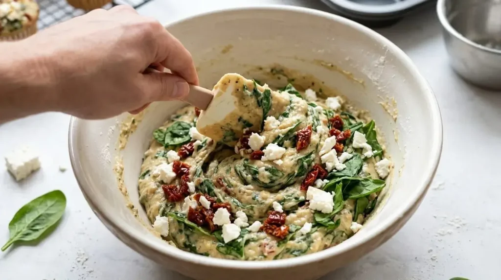 Folding fresh spinach, feta, and sun-dried tomatoes into savory muffin batter.