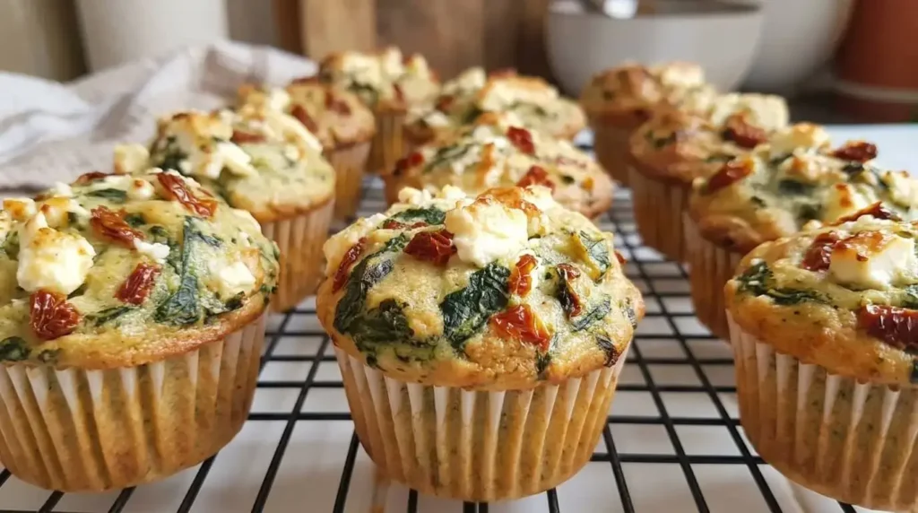 Savory Spinach Feta and Sun-Dried Tomato Muffins cooling on a wire rack.