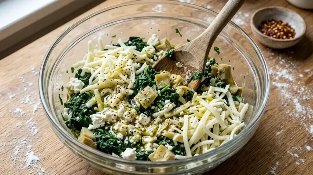 A clear mixing bowl containing a creamy spinach and artichoke filling with shredded mozzarella, crumbled feta cheese, and minced garlic on a wooden counter.