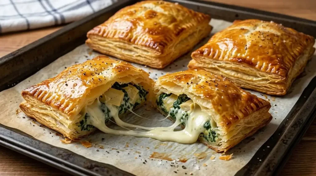Golden brown baked spinach and artichoke puff pastry pockets on parchment paper showing a molten cheese pull from the center.