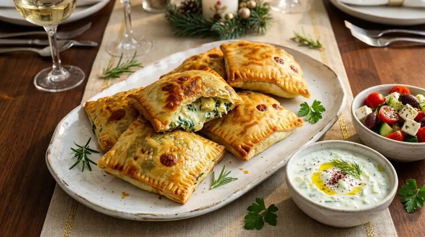 A white ceramic serving platter filled with golden spinach and artichoke puff pastry appetizers next to a fresh Mediterranean side salad.