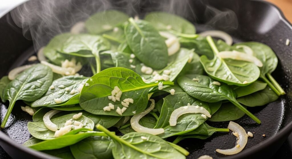 Fresh baby spinach wilting in a hot skillet with sautéed garlic and onions.