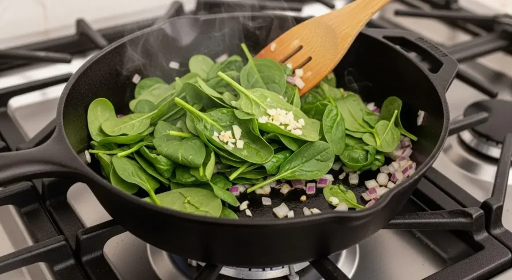 Sautéing fresh baby spinach and red onions in an oven-safe cast iron skillet with olive oil for an egg bake.