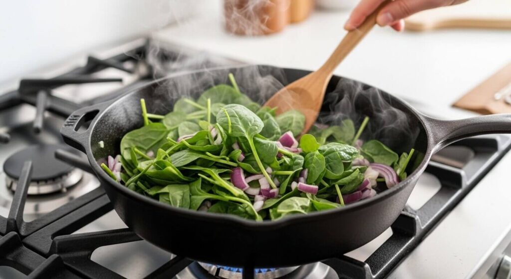 Sautéing chopped baby spinach and diced red onions in extra virgin olive oil inside a cast-iron skillet.