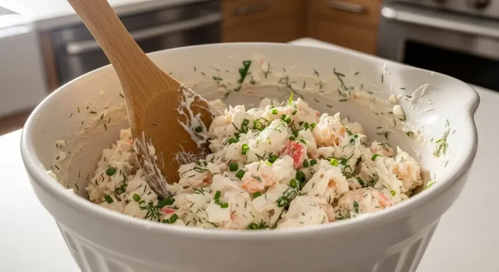 Mixing chopped shrimp, crab meat, and cheeses in a bowl to create the savory stuffing.