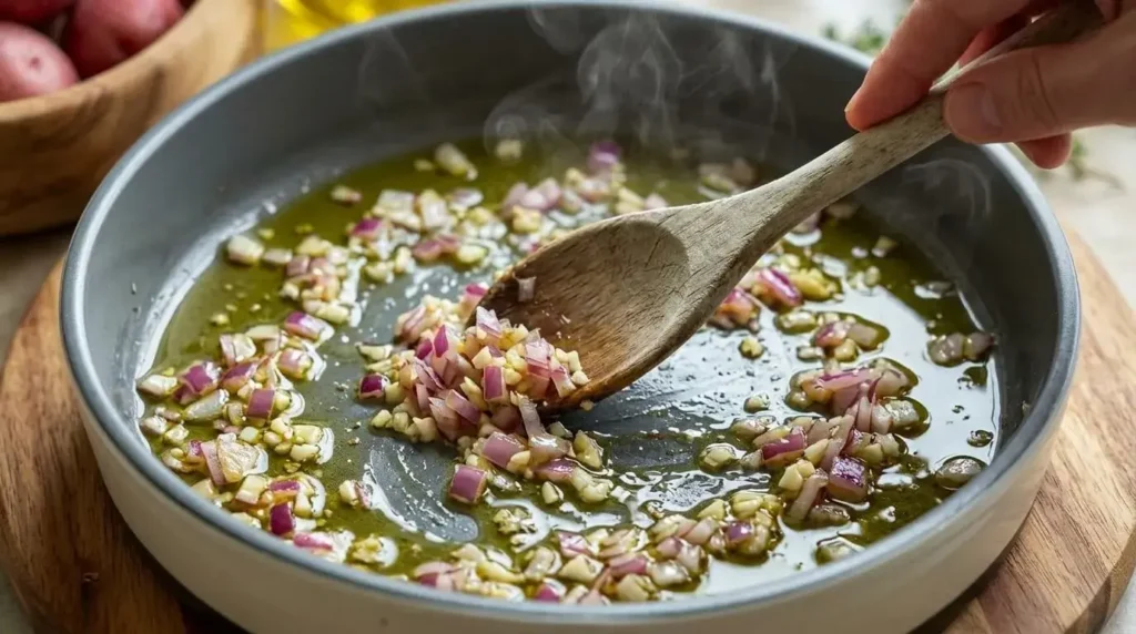 Sautéing onions and garlic in a pan for a Mediterranean bean recipe.