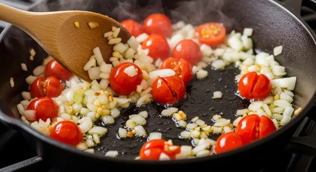 Blistering cherry tomatoes and minced garlic sautéing in olive oil within a cast-iron skillet for a garlic parmesan cod bake.