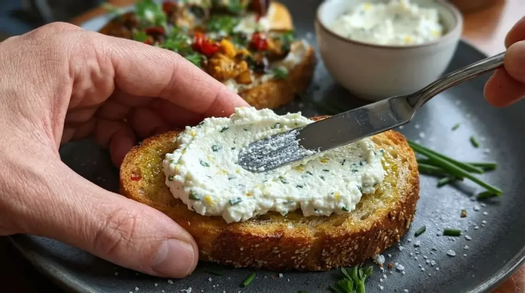 Spreading a thick layer of whipped lemon chive ricotta cheese onto an olive oil brushed crispy toasted baguette round.